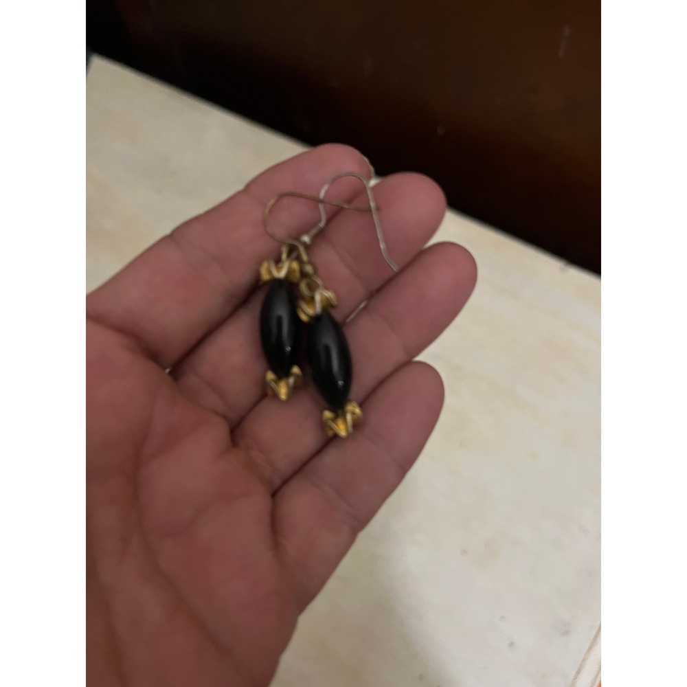 Black Oval Bead Dangle‎ Earrings Gold Tone Accent Hook Drop